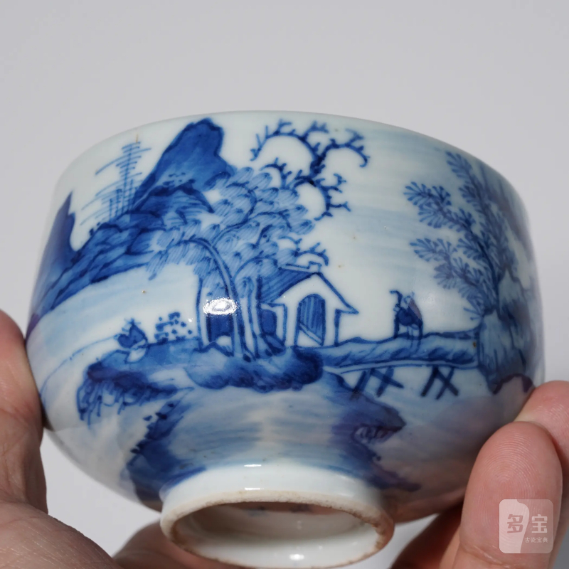 清中期 景德镇窑新渡青花帆船诗文压手杯 - 图11